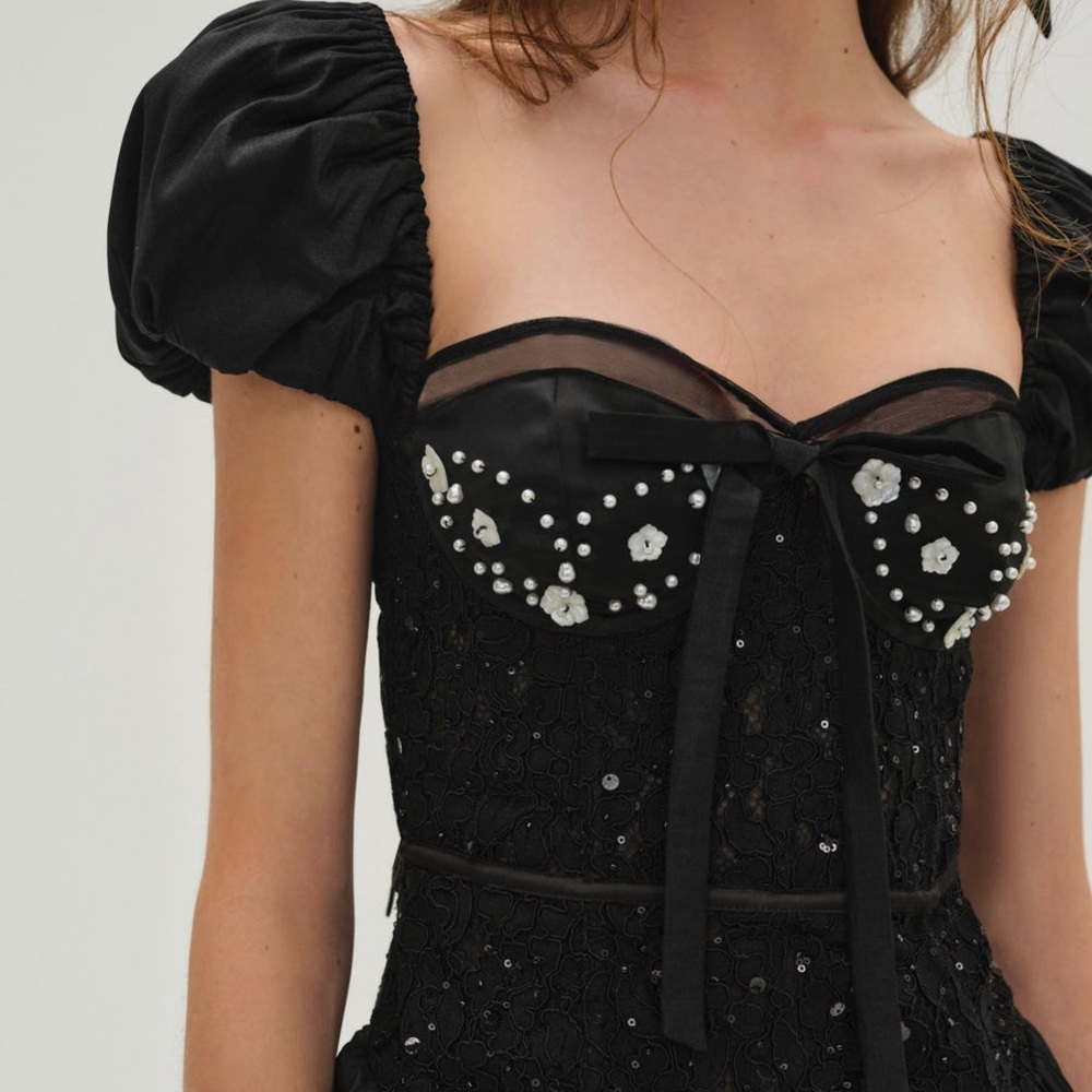 For Love And Lemons Black Embellished Puff-Sleeve Bubble Mini Dress - Picture 3 of 12